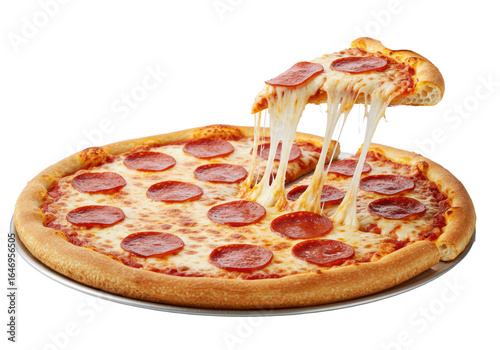 A whole photorealistic pepperoni pizza with golden crust and melted mozzarella. A clean hand lifts a slice, creating a dramatic cheese pull on a white studio background, concept for food advertising