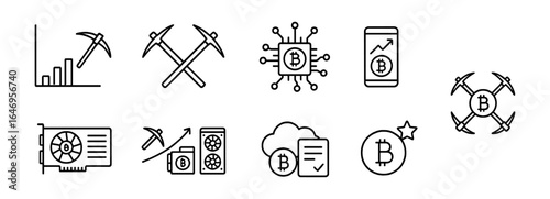Bitcoin, cryptocurrency linear icon set. digital currency, mining symbols collection