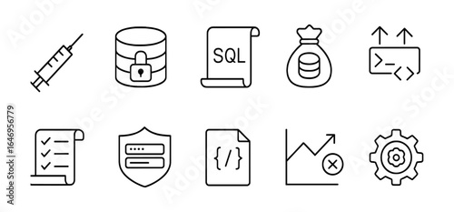 Business and data outline icon set. analytics, security, finance symbols in line style