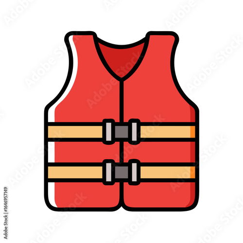 Red life jacket with yellow straps and grey buckles isolated on transparent background