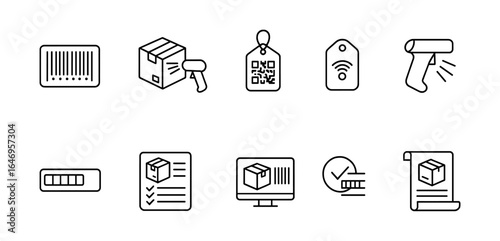 Barcode and packaging line icon set. shipping, scanning, logistics outline collection