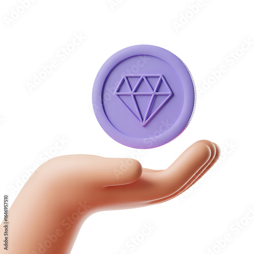 3D hand holding purple Ethereum coin with crystal symbol