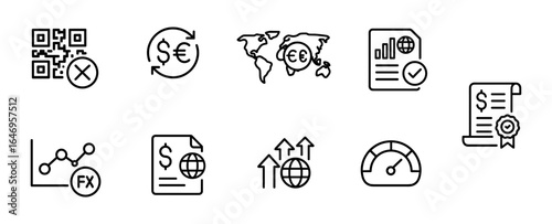 Currency exchange linear icon set. global finance, forex, economy symbols outline style