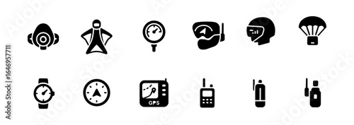 Extreme sports silhouette icon set. skydiving, scuba, adventure icons collection