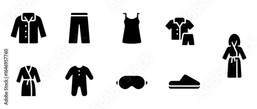 Sleepwear, pajamas solid icon set. nightwear, apparel, sleep accessories collection