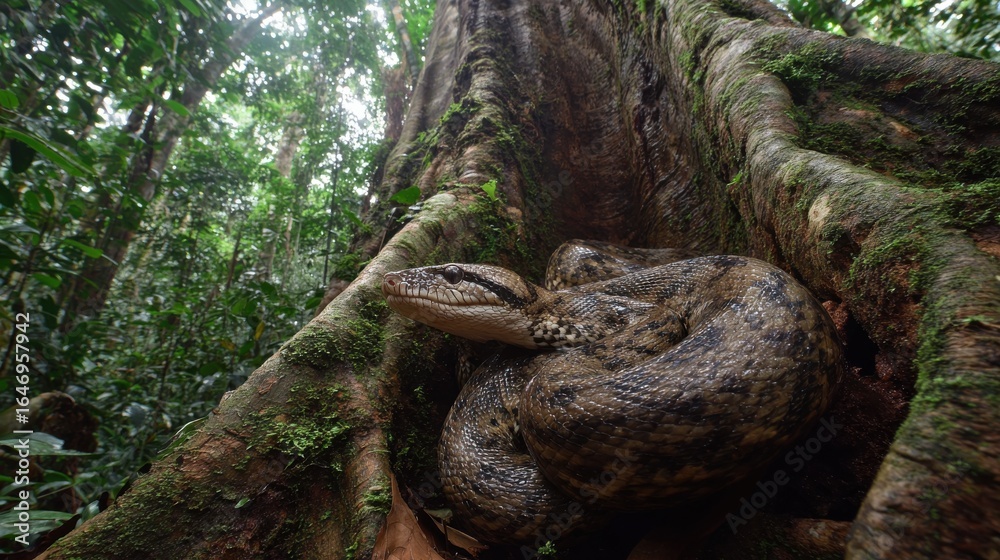 Naklejka premium A large snake rests on the exposed roots of a massive tree surrounded by thick foliage in a vibrant rainforest. Sunlight filters through the leaves, highlighting the snake's scales