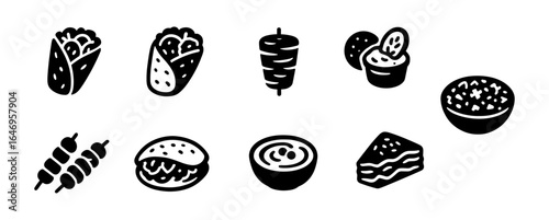Food and culinary solid icon set. tacos, shawarma, and more food symbols