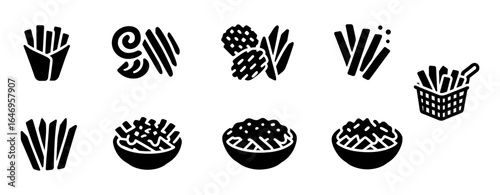 Food, snack silhouette icon set. french fries, chips, fast food icons silhouette collection