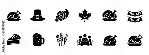 Thanksgiving, autumn silhouette icon set. celebration, harvest symbols collection