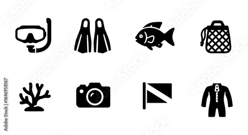 Diving and ocean filled icon set. snorkeling, marine life, equipment, underwater symbols