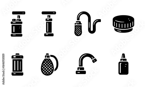 Plumbing tools silhouette icon set. pipe, wrench, faucet silhouettes for repair