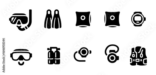 Scuba diving solid icon set. snorkeling, underwater gear icons solid collection