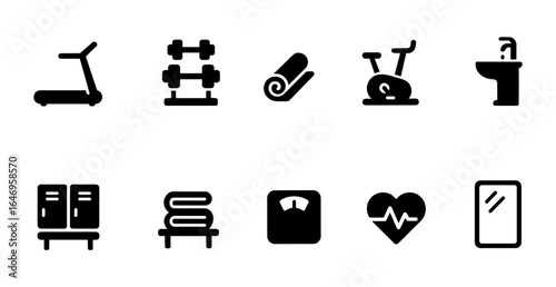 Gym, fitness solid icon set. exercise, wellness, weightlifting, cardio, health icons