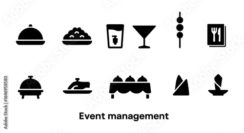 Event management solid icon set. catering, dining, banquet icons solid collection