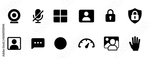 Communication and security solid icon set. webcam, microphone, privacy shields collection