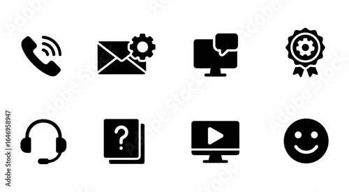 Communication essentials solid icon set. email, phone, support, award, tech icons collection