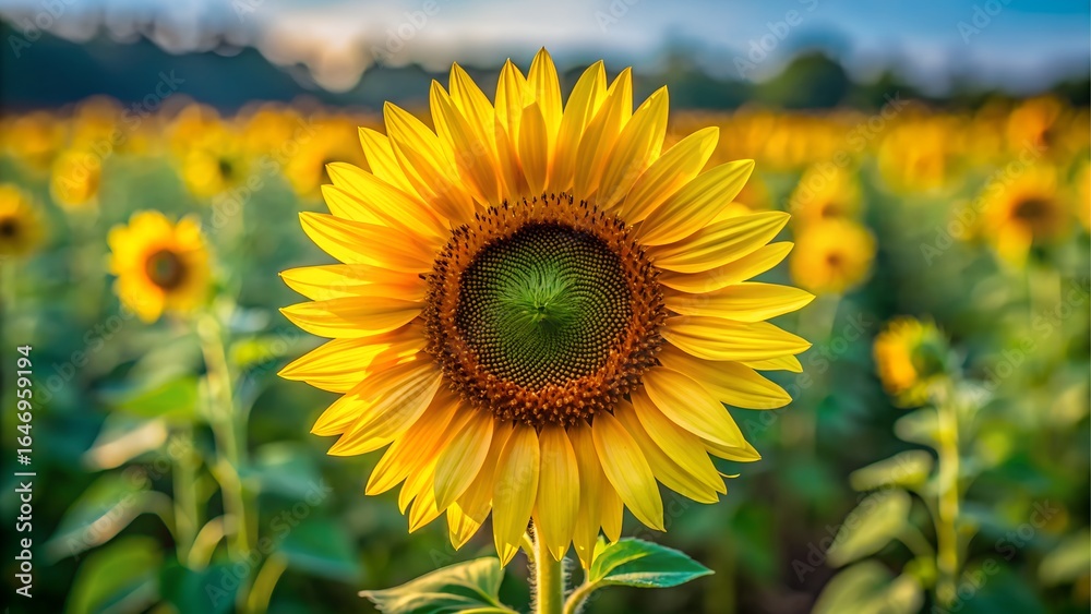 Obraz premium Bright yellow sunflower in a field at sunset