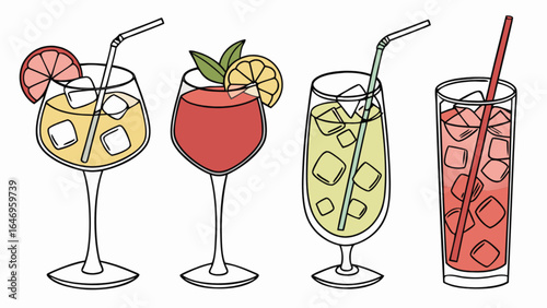 Refreshing summer cocktails illustration: alcoholic drinks with ice and fruit garnish vector design set