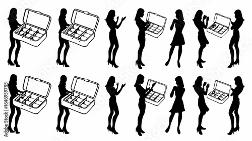 Silhouetted women holding open boxes with compartments arranged in a repeating pattern on white background