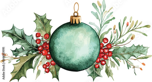 Watercolor Christmas Ornament with Holly Berries and Greenery Decoration