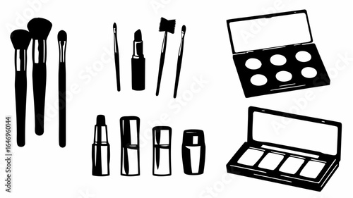 Illustration of makeup brushes lipstick and eyeshadow palettes in black and white graphic style design art silhouette