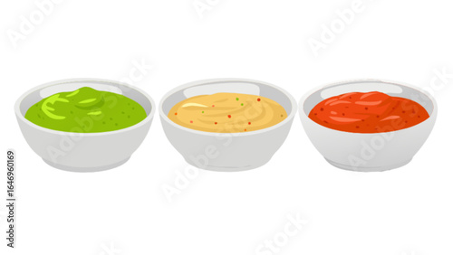 Assorted dipping sauces in bowls vector illustration for food blog or restaurant menu design concept