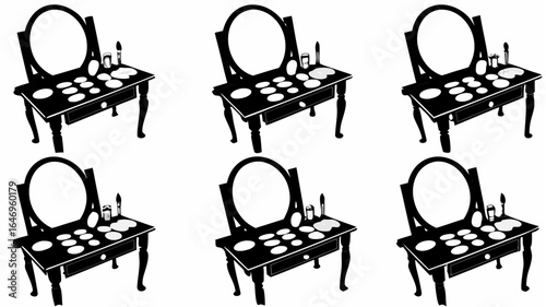 Illustration showing a pattern of six black and white vanity tables with makeup and mirrors repeated silhouette