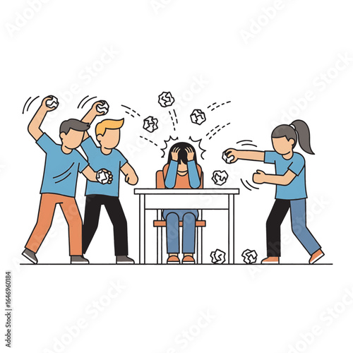 Vector illustration with subtle meaning of bullying, depicting loneliness, isolation, and victim’s emotions, ideal for educational campaigns and social awareness materials