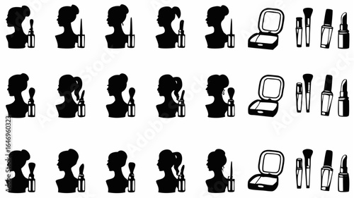 Silhouettes of women with various hairstyles and makeup products arranged in a pattern on white background