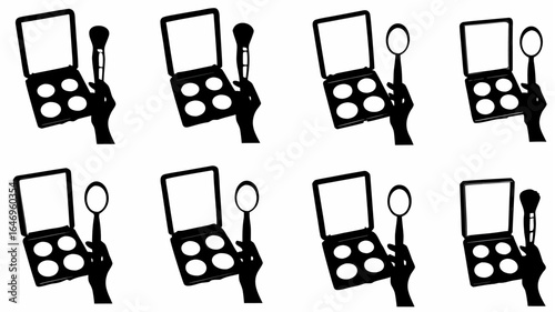 Silhouette pattern of hands holding makeup palettes and brushes in a repeating arrangement on white background