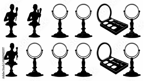 Silhouette of mannequins with brushes and oval vanity mirrors with makeup palettes in a repeating pattern