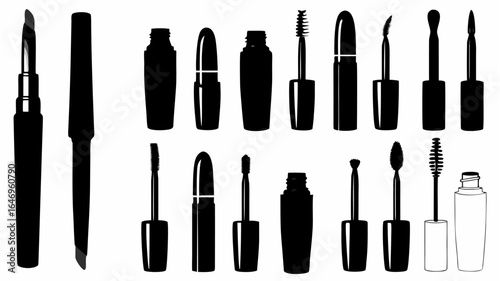 A collection of various mascara tubes and applicators displayed in a monochrome black and white style art silhouette