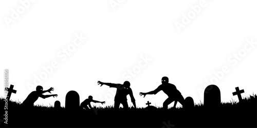 Spooky Zombie Silhouettes Rising from Graves on White Background