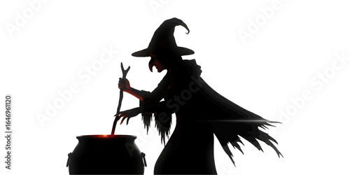 Sinister Witch Silhouette Brewing Potions in Cauldron, White Background