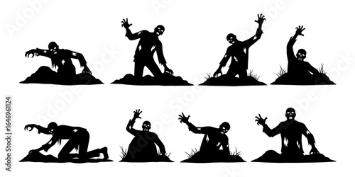 Spooky Zombie Silhouettes Rising from Graves on White Background