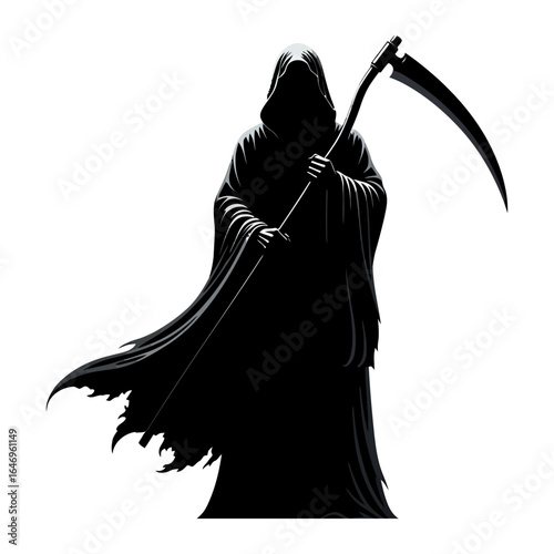 Grim Reaper Silhouette with Scythe and Cloak on White Background