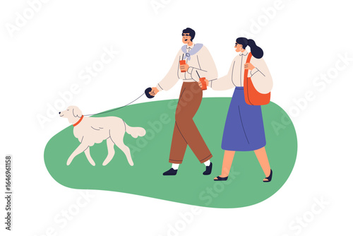 Couple walking dog outdoor in park. Man and woman strolling with canine animal on leash in nature. Family with drink mugs, companion pet. Flat vector illustration isolated on white background