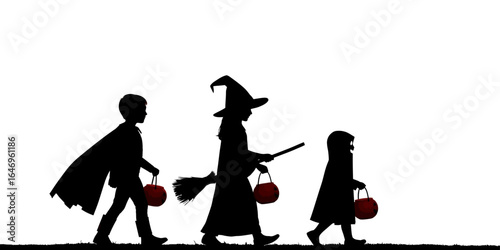 Spooky Halloween Silhouette of Kids Trick-or-Treating on White Background
