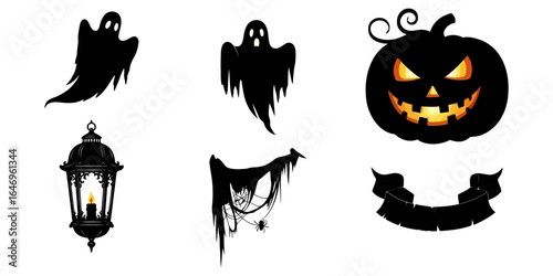 Spooky Halloween Silhouettes of Lanterns, Ghosts, and Torn Cloth Banners