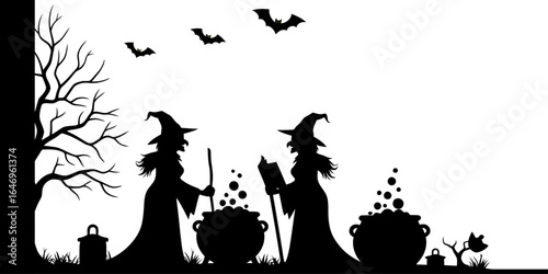 Witch Silhouettes with Broomsticks and Cauldrons on White Background