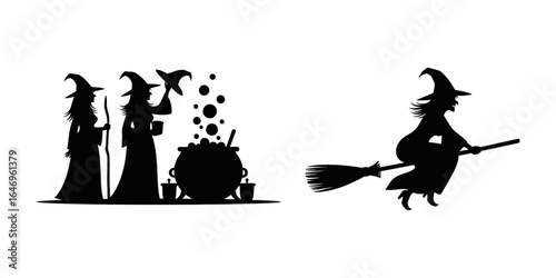 Witch Silhouettes with Broomsticks and Cauldrons on White Background