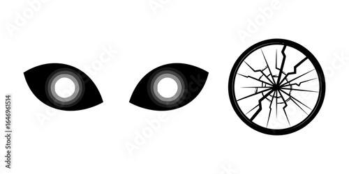 Creepy Vector Silhouettes of Cracked Mirrors, Glowing Eyes, and Arcane Runes on White Background