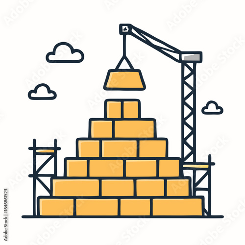 Construction site with crane building pyramid of gold bricks daytime