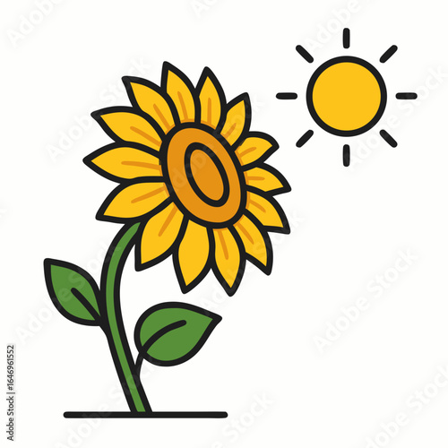 Vibrant cartoon sunflower blooming under sunny daytime sky with bright light