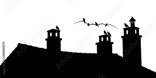 Spooky Rooftop Silhouette with Chimneys and Perched Birds on White Background