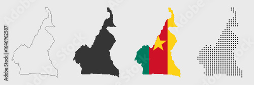 Cameroon map detailed in outline, black, flag color, and dotted style