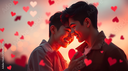 Commercial artwork. Valentine's day greeting from man or for man: impressive striking image of loving asian high schooler boy. Love confession. Valentine's mood. Couple connection.