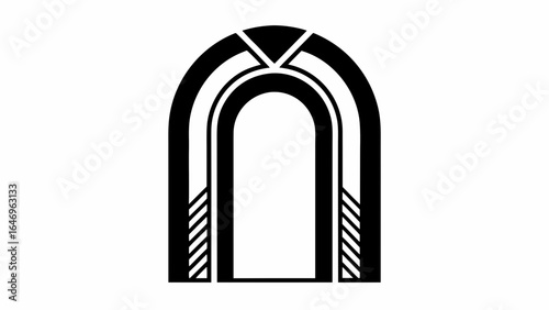 Abstract archway design with geometric elements and striped accents in black and white color scheme