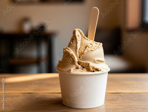 Creamy chocolate gelato neatly served with a small wooden spoon.