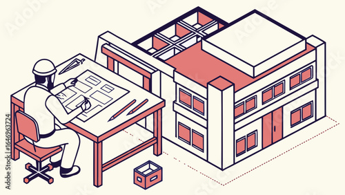 Illustration of architect at desk with building plans and building structure isometric view design
